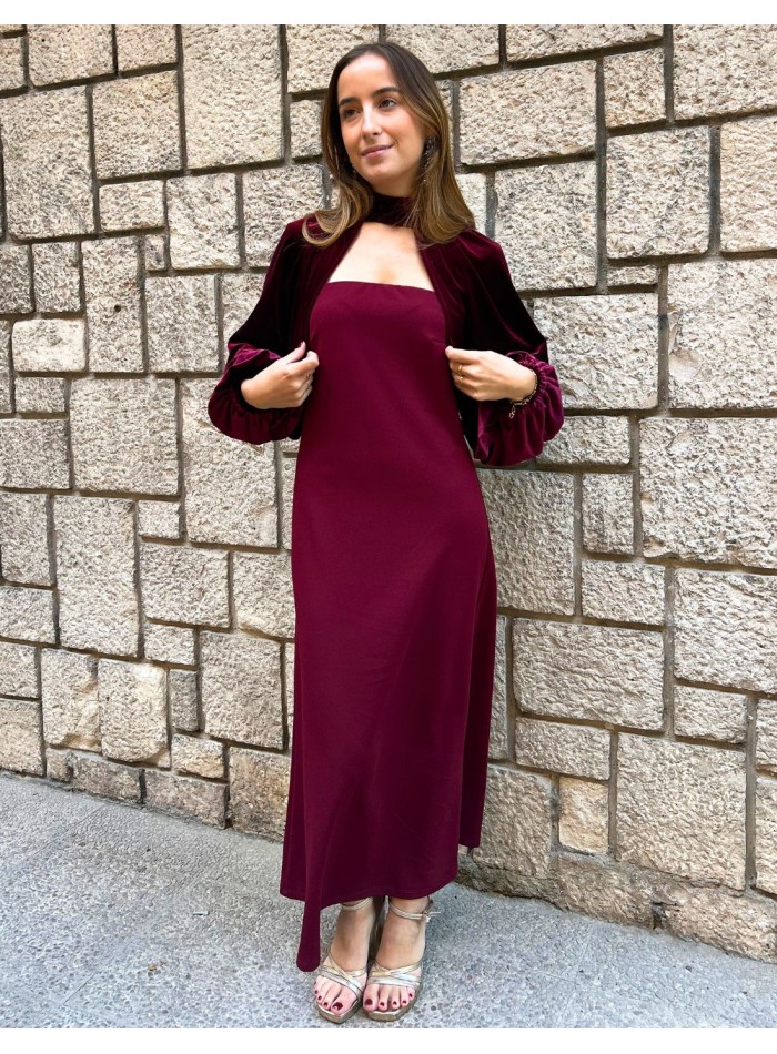 Bordeaux midi dress with strapless neckline and...
