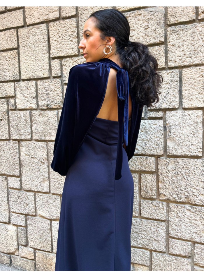 Navy blue midi dress with strapless neckline...