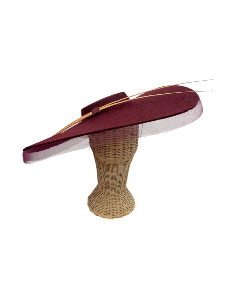 Maroon wedding hat with horsehair detail and handcrafted rachis
