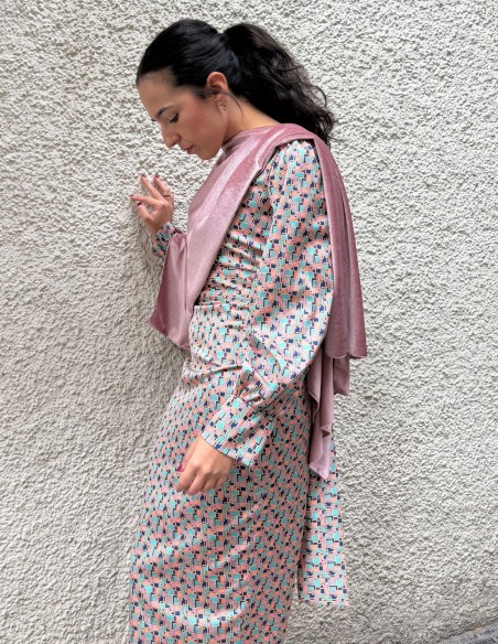 Short pink velvet guest cape with openings