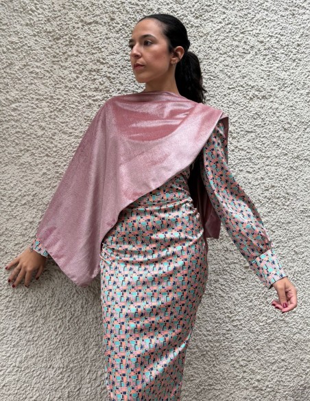 Short pink velvet guest cape with openings