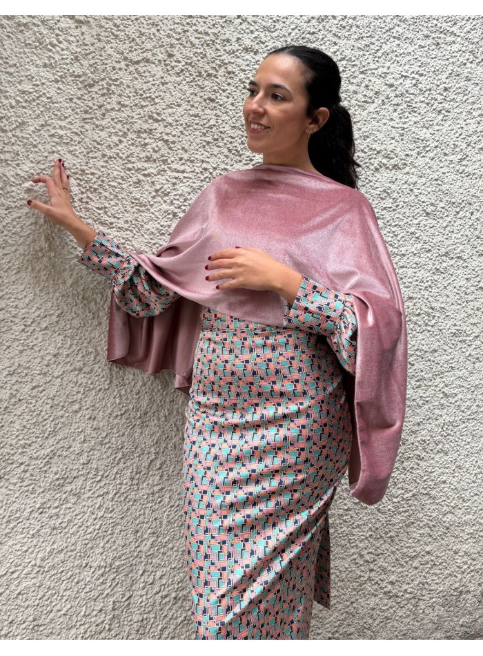 Short pink velvet guest cape with openings