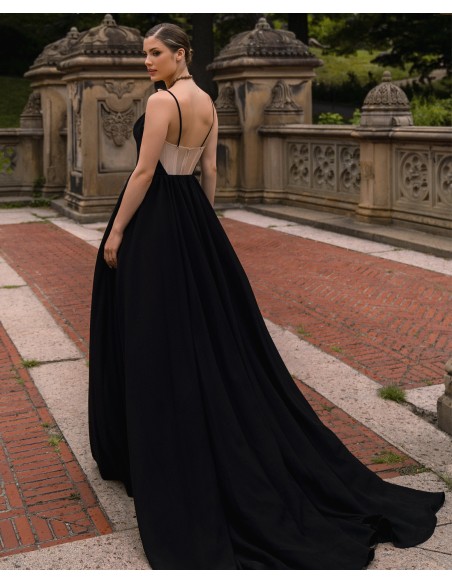 Long party dress with floral neckline and corset effect bodice