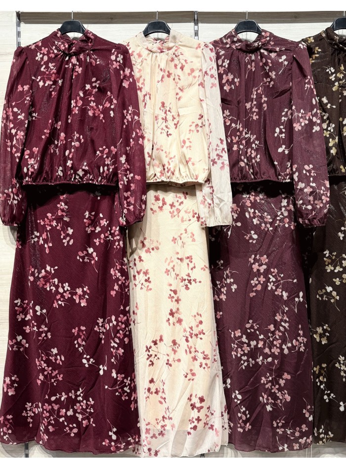 Maroon floral print two-piece ensemble