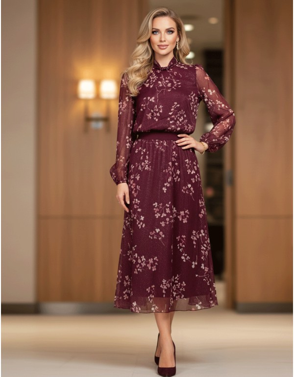 Maroon floral print two-piece ensemble