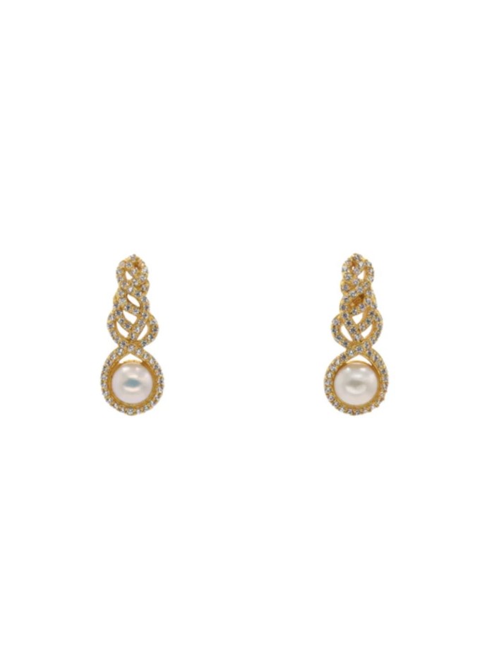 Earrings with intertwined zircons and central pearl