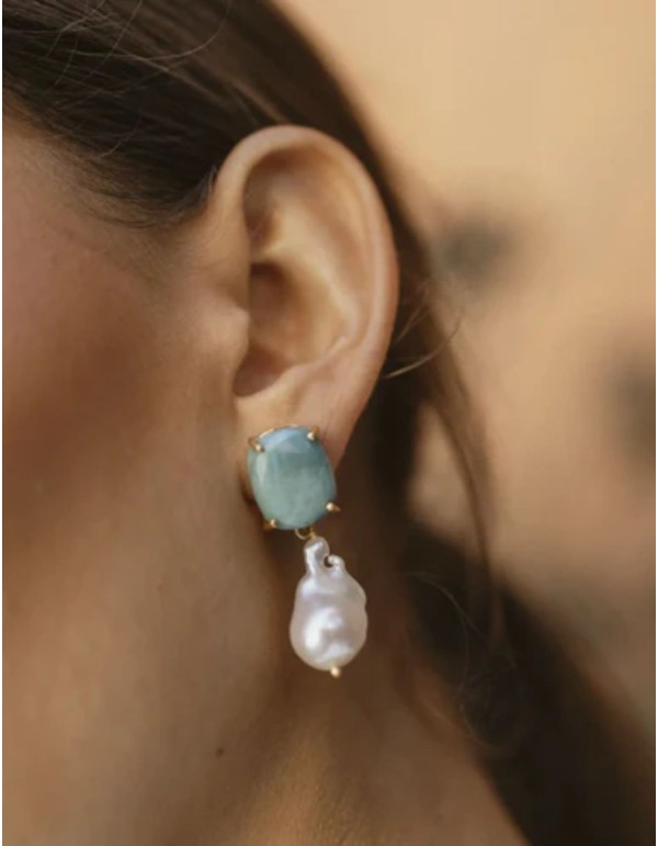 Pendientes con piedra azul turquesa rematados con perla 2