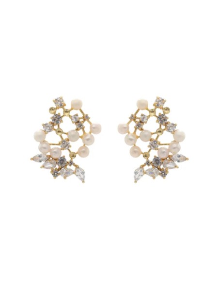 Pendientes de perlas con destellos de circonitas en forma de flor Pendientes de perlas con destellos de circonitas en forma de flor