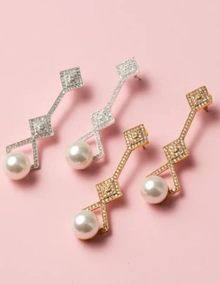 Boucles d'oreilles formes géométriques avec zircon et perles