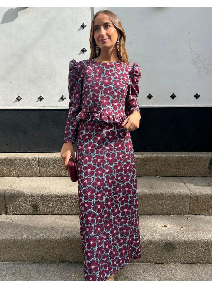 Ensemble top et jupe imprimé fleur de bougainvillier