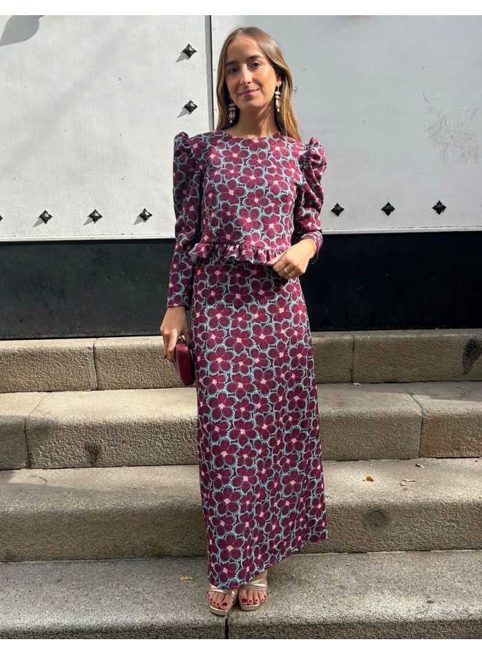 Conjunto de top y falda con estampado de flores buganvilla