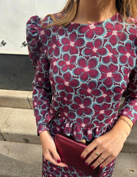 Ensemble top et jupe imprimé fleur de bougainvillier