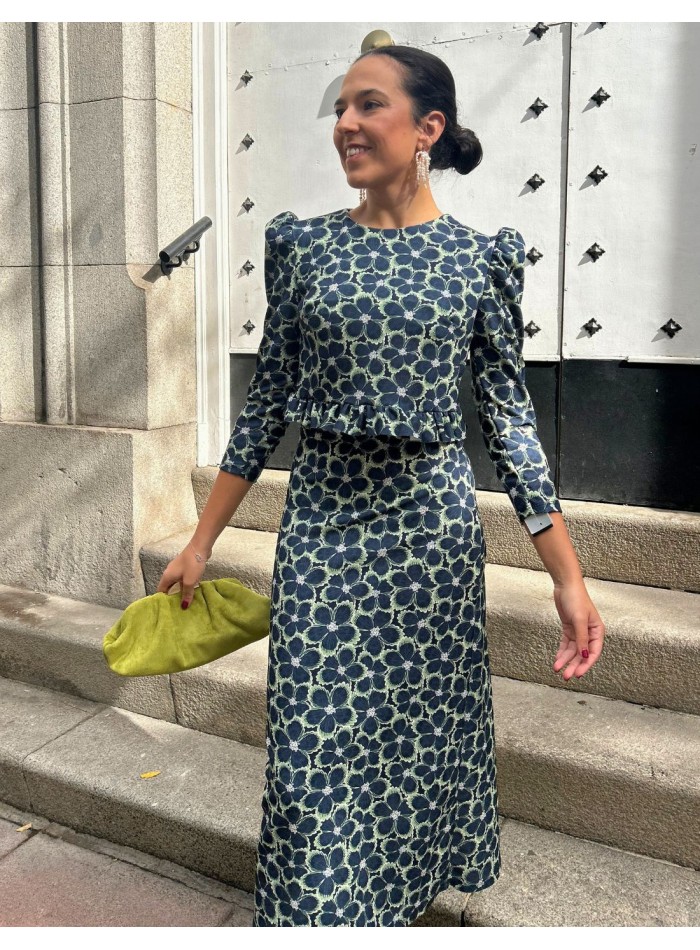 Blue flower printed top and skirt set