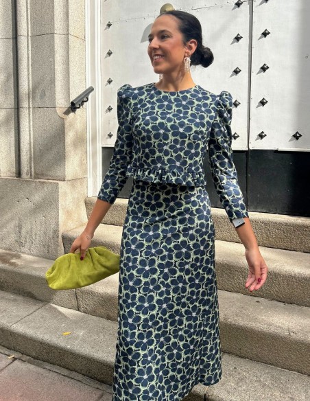 Blue flower printed top and skirt set