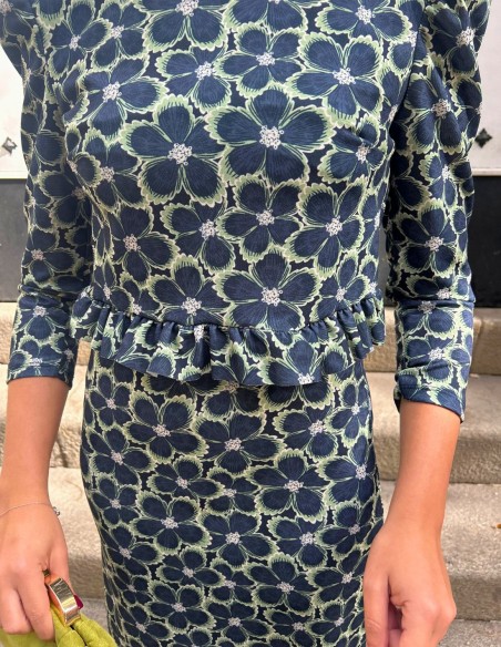 Conjunto de top y falda con estampado de flores azul