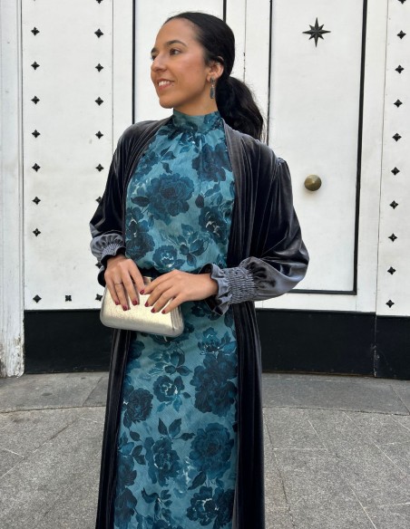 Guest ensemble with blue print and glitter fabric