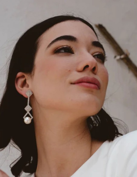 Boucles d'oreilles en argent sterling de forme géométrique avec zircon et perles