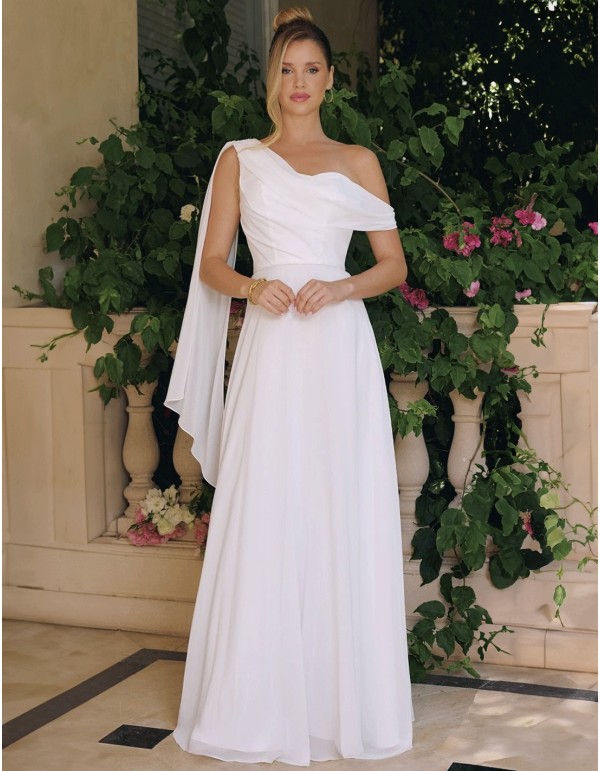 Impresionante Vestido de novia largo de inspiración griega con escote asimétrico.