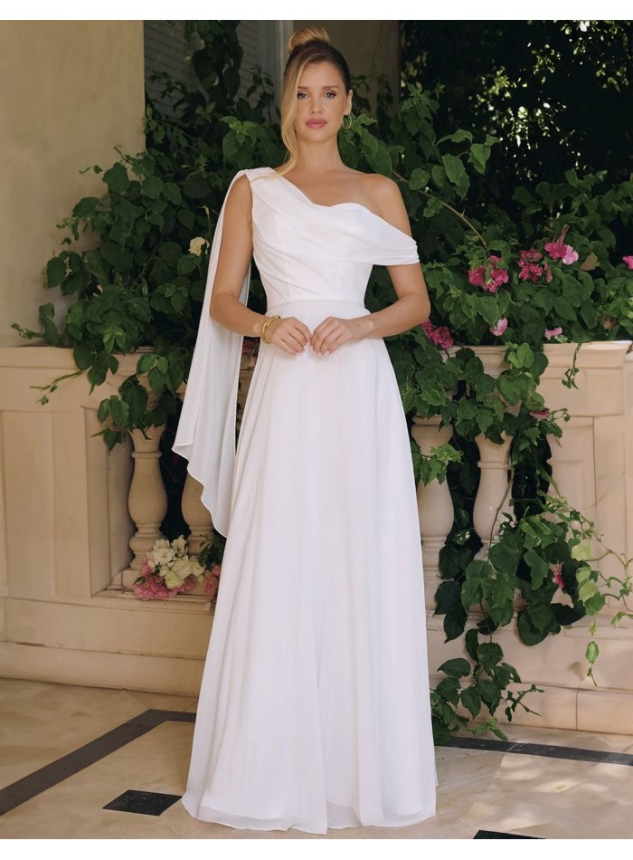 Impresionante Vestido de novia largo de inspiración griega con escote asimétrico.