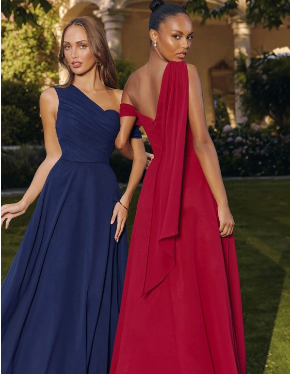 Vestido de fiesta largo con escote asimético y manga capa azul marino 2