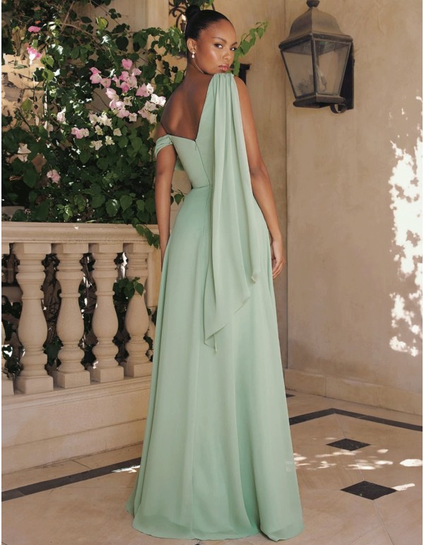 Long gown with asymmetrical neckline and cape sleeves