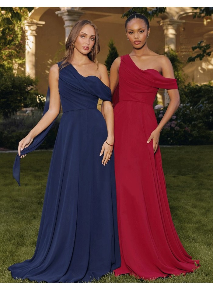 Vestido de fiesta largo con escote asimético y manga capa en colores azul y granate