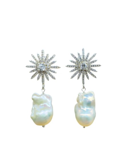 Pendientes largos de plata con diseño de estrella y perla barroca Pendientes largos de plata con diseño de estrella y perla barroca