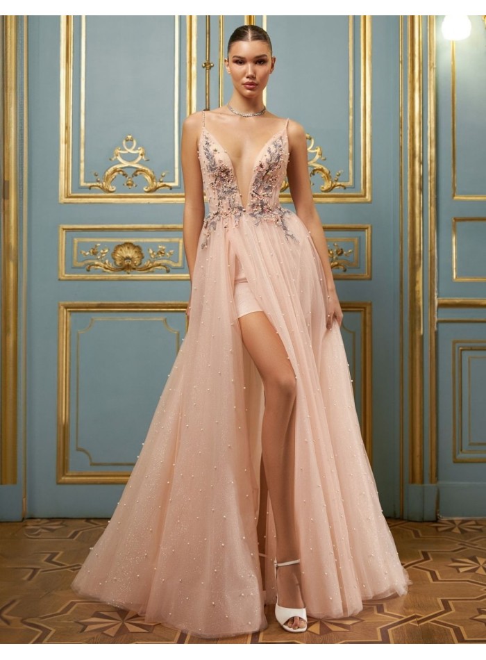 Robe en tulle brillant pêche avec dentelle et...