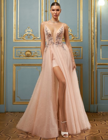 Robe en tulle brillant pêche avec dentelle et strass