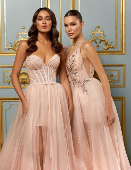 Peach shiny tulle dress with lace and rhinestones
