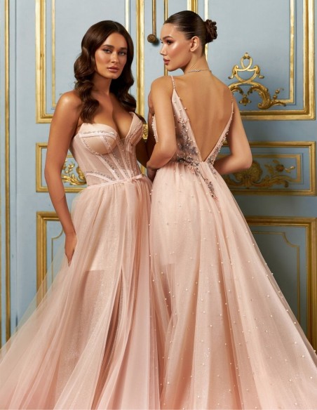 Peach shiny tulle dress with lace and rhinestones