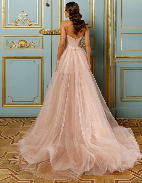 Peach A-line ball gown with lace and rhinestones