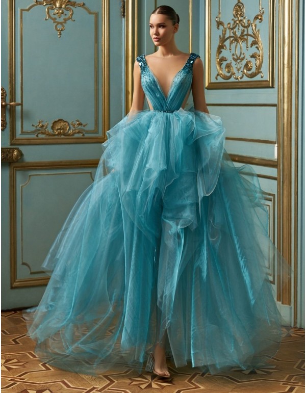 Turquoise organza party dress with rhinestones embroidery