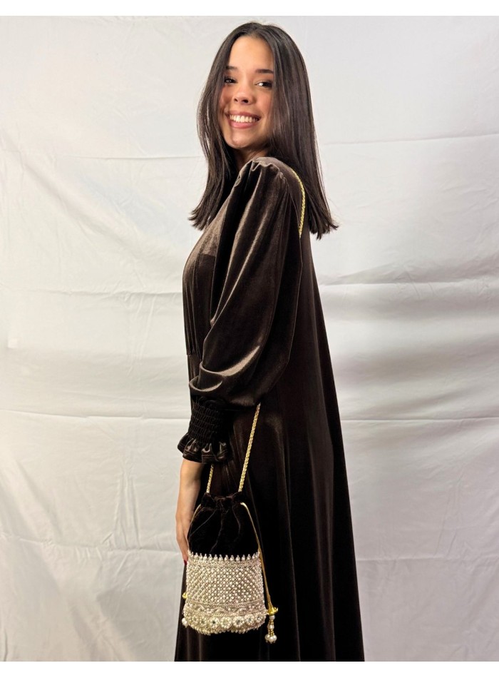 Brown velvet bonbonniere with pearls and golden...