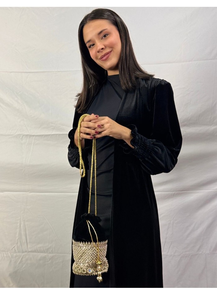 Black velvet bonbonniere with gold and pearl...