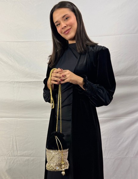 Black velvet bonbonniere with gold and pearl details