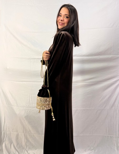 Brown velvet bonbonniere with pearl and rhinestone detailing