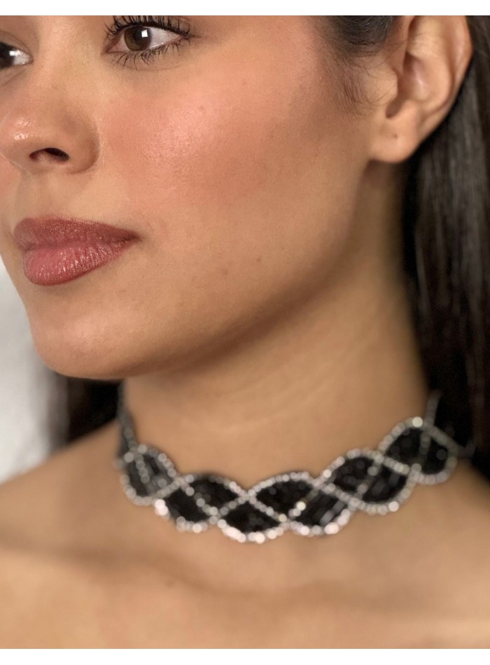 Tour de cou en strass noir et argent