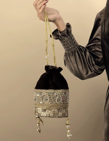 Brown velvet bonbonniere with pearl and rhinestone detailing