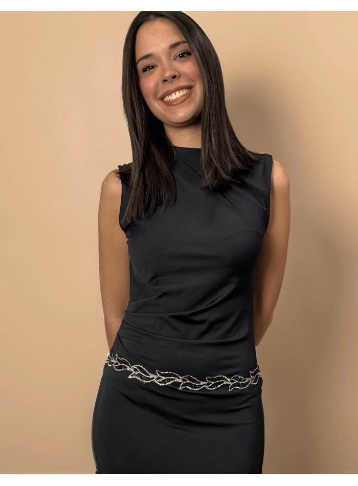 Cinturón de fiesta de pedrería negra con forma de hojas