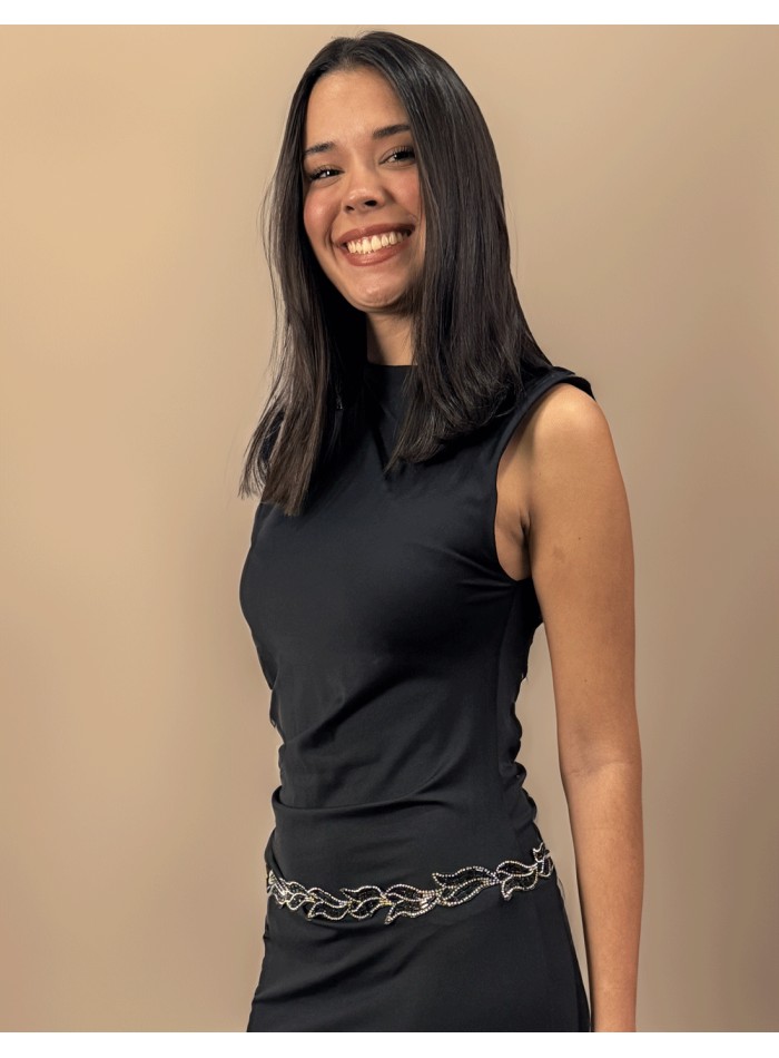 Cinturón de fiesta de pedrería negra con forma de hojas para invitada