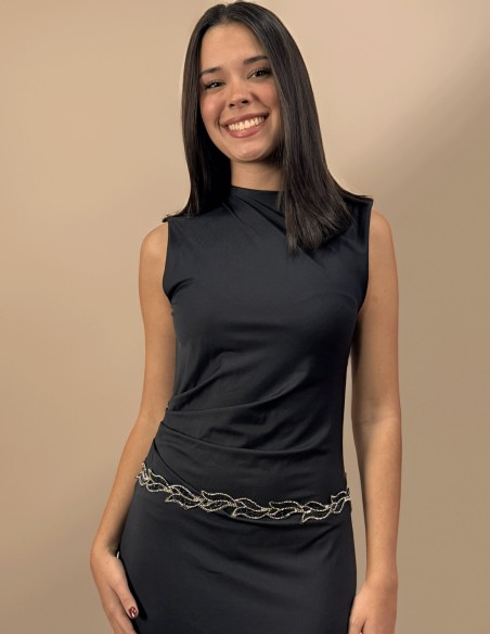 Party belt with black rhinestones in the shape of leaves