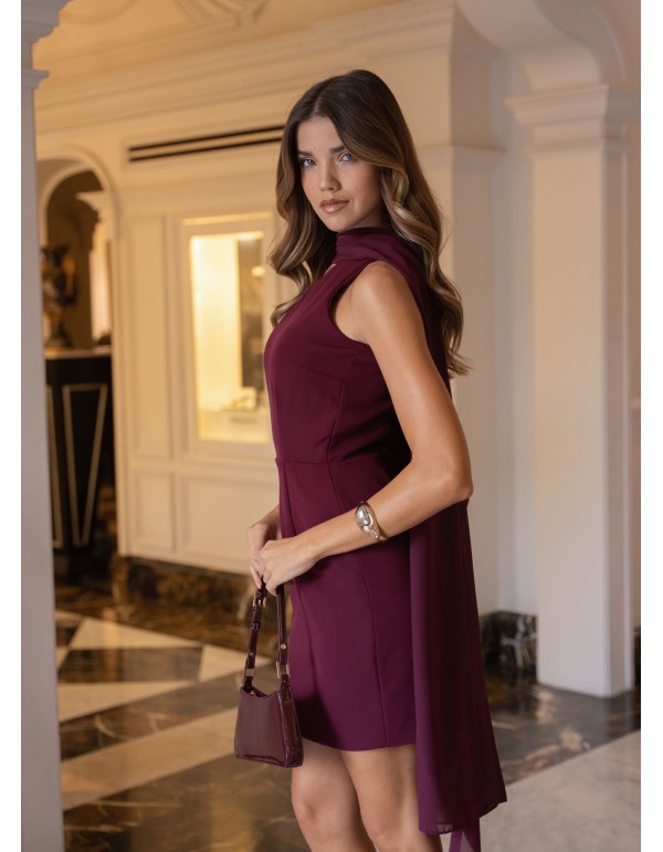 Short burgundy asymmetrical neckline and shawl dress for... 2