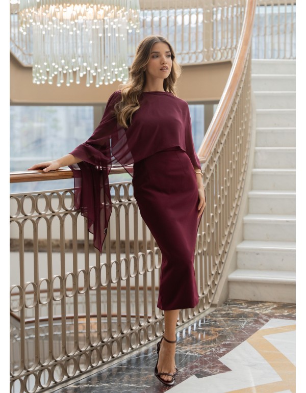 Midi dress with asymmetrical burgundy neckline and...