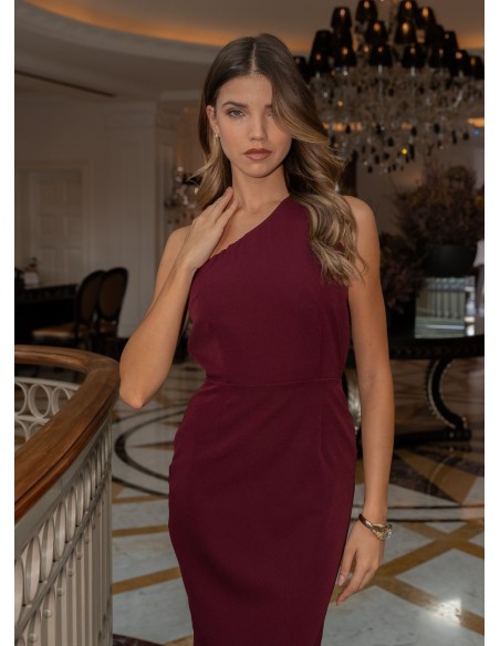 Midi dress with asymmetrical burgundy neckline and chiffon cape