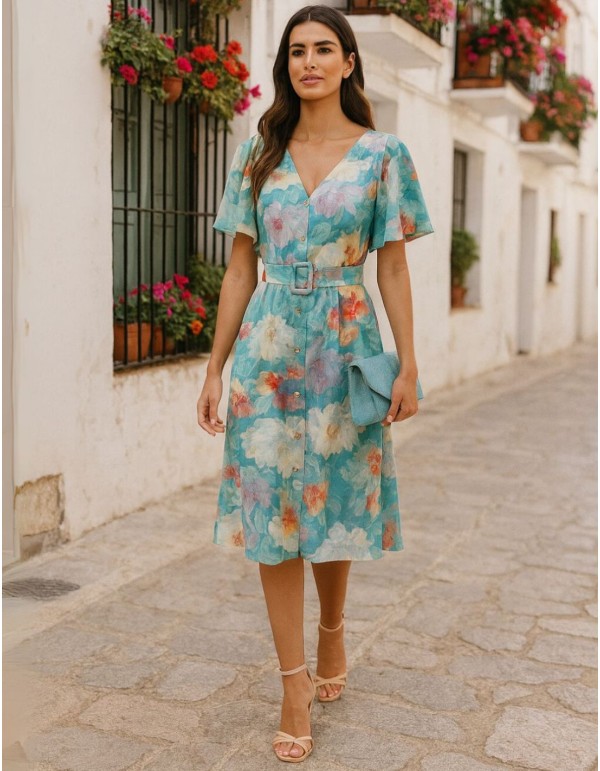 Vestido midi estampado con botones y falda de vuelo