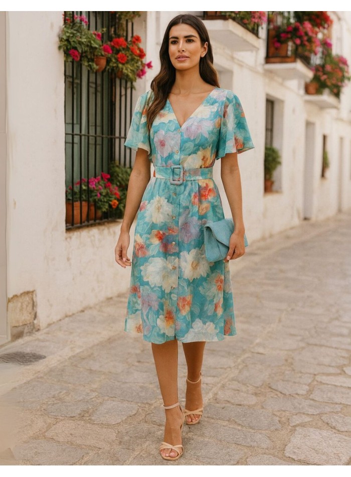 Robe midi imprimée avec boutons et jupe volantée