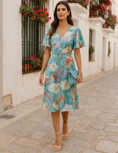 Printed midi dress with buttons and flounce skirt