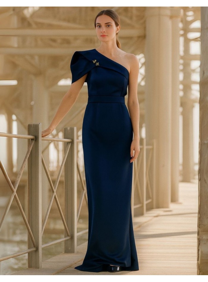 Navy blue satin party dress with asymmetrical...