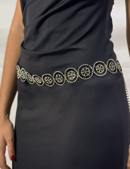 Party belt with black rhinestones flowers